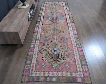 Vintage Turkish Runner 4x13, Pastel Pink Muted Kilim Runner, Oversized Hallway Rug, Boho Entryway Decor, Handwoven Wool Rug, One of a Kind