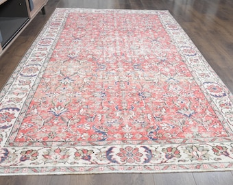 Vintage Turkish Rug 5x9, Pink Ivory Border, Faded Floral Area Rug, Distressed Anatolian Rug