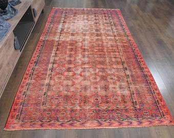 Handmade Turkish Geometric Rug: Vintage Rug, Coral Orange, 5'1x8'8 ft