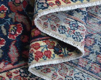 Oversized Vintage Turkish Rug 8x11, Navy Blue, Red Floral Medallion Rug, Traditional Hand-Knotted Wool Area Rug, Large Modern Oriental Rug