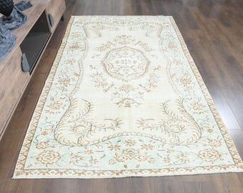 Cream Mint Green Vintage Rug 5x8, Neutral Turkish Medallion Rug, Brown Floral Area Rug, 5'1" x 8'2"
