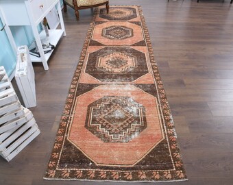 Vintage Turkish Runner Rug: Handmade Wool Oushak Rug, 3'3x12'7 ft