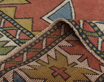 ヴィンテージ トルコ ウシャク ラグ：手織りウール、ベージュ＆ブルー