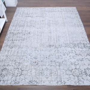 Ivory Oushak Rug: 6.4x8.5 ft, Vintage Turkish Handmade Carpet