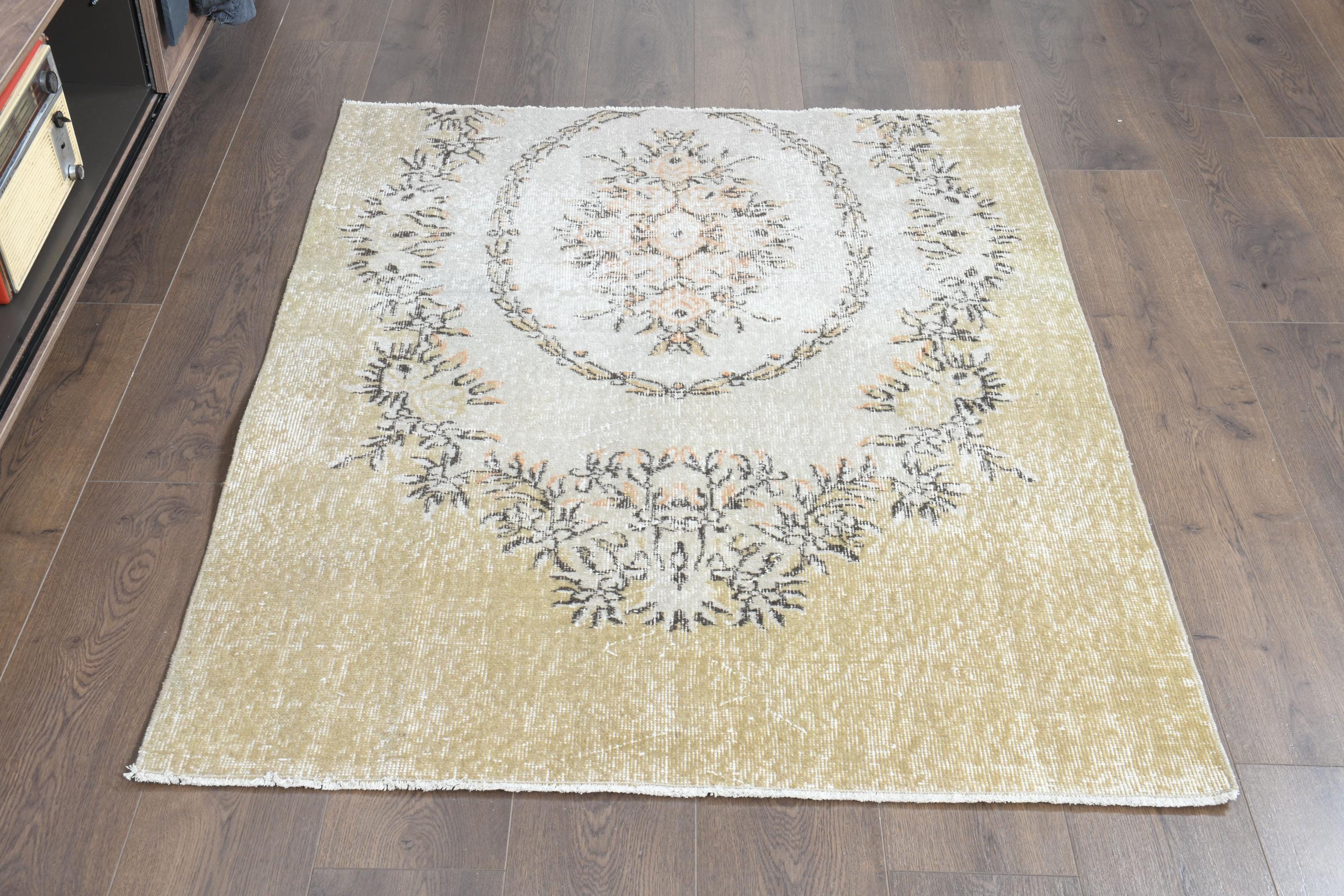 Yellow Oushak Rug: Hand-knotted Wool Vintage Turkish Rug (3'8x4'7