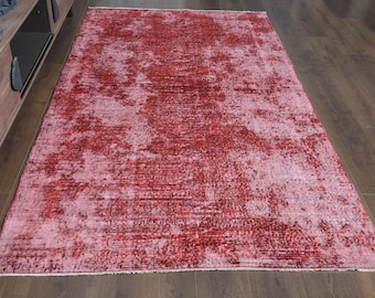 Red Overdyed Rug 5x9, Distressed Vintage Turkish Area Rug, Modern Abstract Living Room Rug