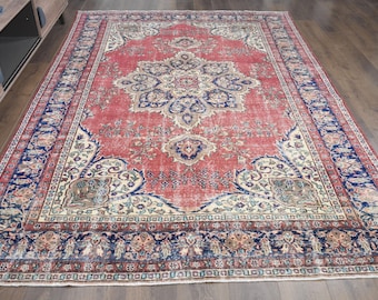 7x10 Vintage Turkish Rug, Red Navy Cream Medallion Rug, Traditional Living Room Area Rug