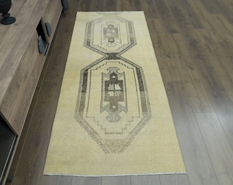 3&#39;1x7&#39;4 ft, TURKISH RUNNER RUG, Beige Brown Runner,  Shabby Decor, Minimalist Decor Rug, Vintage Rug, Runner Handmade Rug, Soft Wool Rug