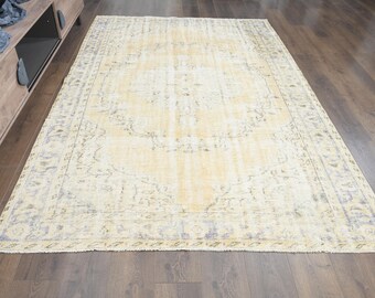 6.2x9.2 ft, Faded Yellow Oushak Rug 6x9, Beige Lavender Vintage Turkish Medallion Area Rug