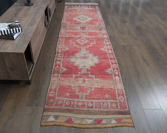 手織りヴィンテージウールラグランナー：落ち着いたピンクのトルコ絨毯