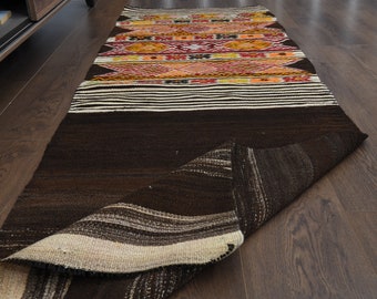May include: A rectangular runner rug with a dark brown base and a patterned central section. The pattern includes orange, yellow, and red geometric shapes, with white and black stripes. The rug is partially rolled up, revealing its underside.