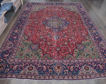 Red Blue Oriental Rug 9x13, Vintage Turkish Medallion Carpet, Oversized Hand Knotted Area Rug, Traditional Dining Room Rug