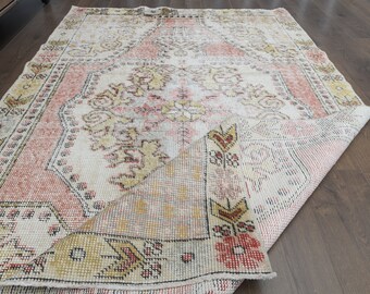 Handmade Vintage Turkish Oushak Rug: 4'3x7'1 Pink Beige Tribal Rug
