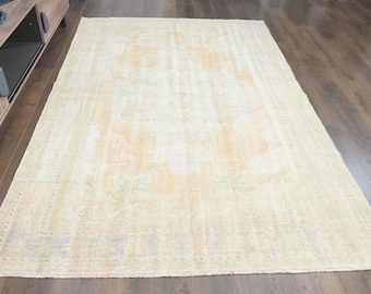 Neutral Vintage Rug 6x9, Faded Peach Cream Turkish Oushak Rug, Washed Minimalist Area Rug