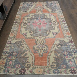 4.3x9.3 ft, ORANGE BEIGE PINK, Turksih Rug, Vintage Rug 4x9, Carpet, Handmade Rug, Oushak Rug Turkish, Washable Rug, Oversize Area Rug 4x9