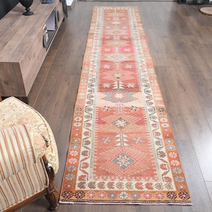 Orange Brown Turkish Runner Rug: Vintage Tribal Motifs (3.2x9.9 ft)