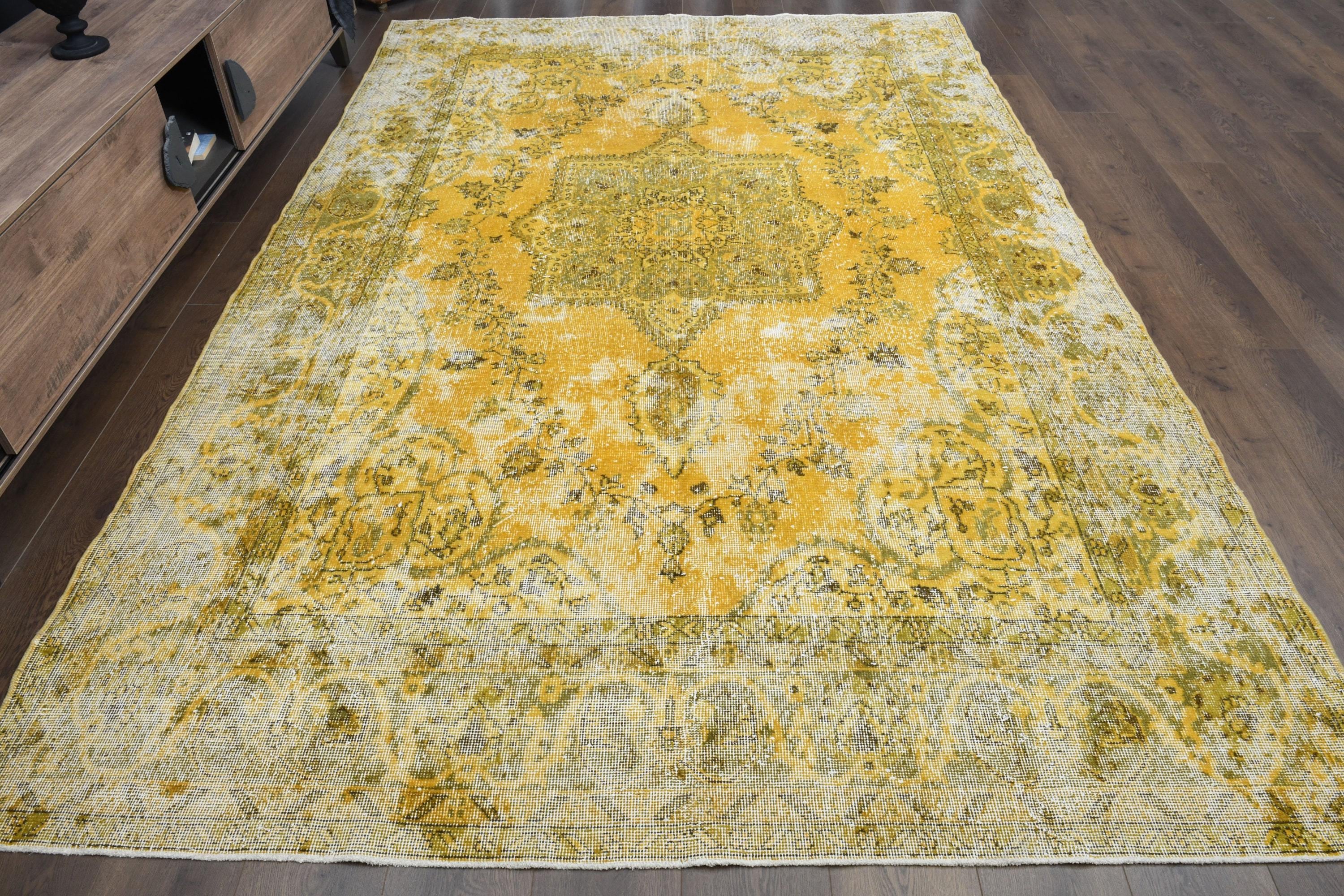 Yellow Turkish Vintage Rug: Oushak Style Area Rug (6'8