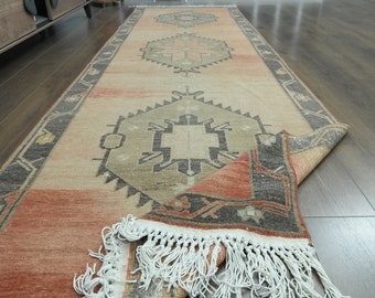 Alfombra turca de pasillo naranja y verde: Alfombra ancha antigua para suelo (3,6 x 11,6 pies)