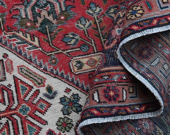 Oversized Red Rug 10x13, Vintage Oriental Carpet, Navy Border Geometric Luxury Design Rug, Handmade Wool Large Area Rug