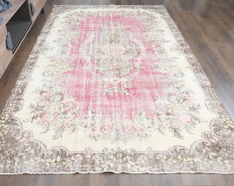 6x10 Pink Cream Vintage Turkish Rug, Floral Medallion Area Rug, Faded Boho Living Room Rug