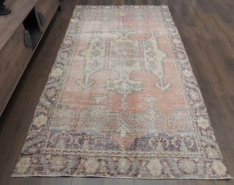 色あせたピンクパープルのヴィンテージトルコランナーラグ 4.6x8.4