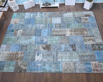 Blue Patchwork Rug: 9.9x13.2 ft, Turkish Vintage Wool Area Rug