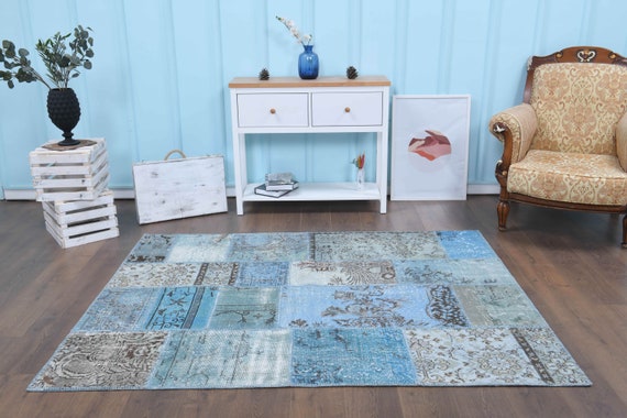 ヴィンテージ トルコ パッチワーク ラグ：ブルー グリーン ブラウン