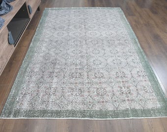 Gray Green Vintage Rug 5x8, Muted Allover Turkish Rug, Green Border Distressed Area Rug