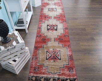 Handmade Turkish Runner Rug: Vintage Wool Kitchen Rug (2'7x13'5 ft)