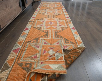 2&#39;8x12 Ft, TURKISH RUNNER RUG, Kitchen Decor, Rug Runners, Handmade Rug, Runner 3x12, Oushak Rug, Vintage Rug, Orange Beige Pink Rug Runner