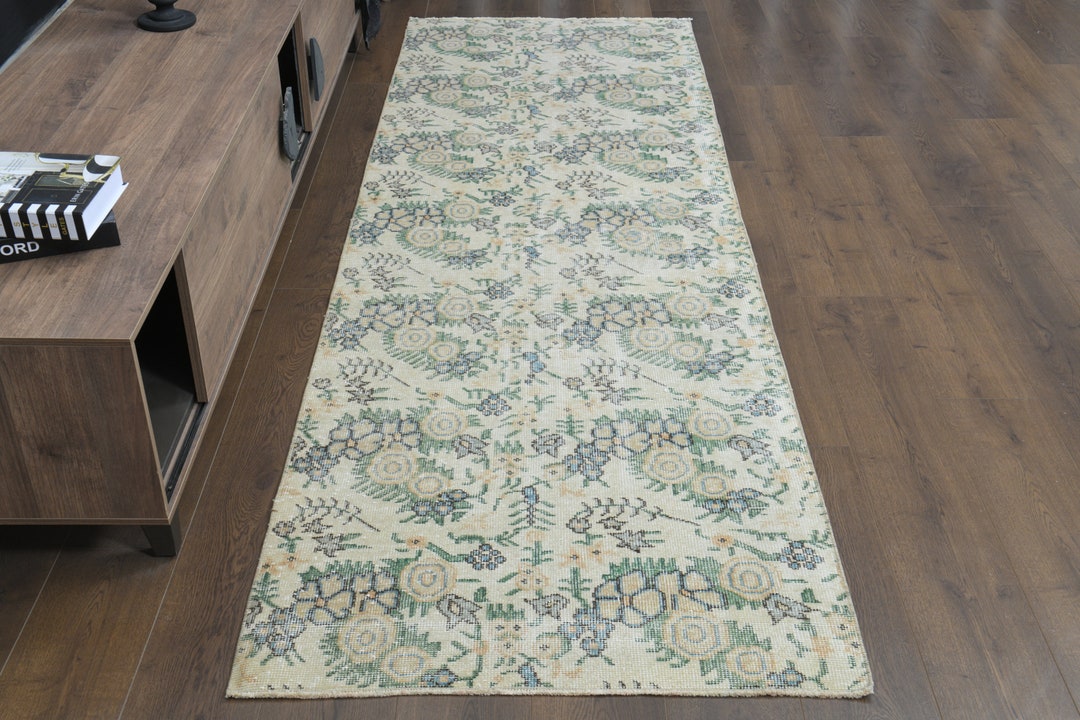 3'1x9'4 Ft, TURKISH RUNNER RUG, Faded, Beige Green Rug, Rug Runner 3x9