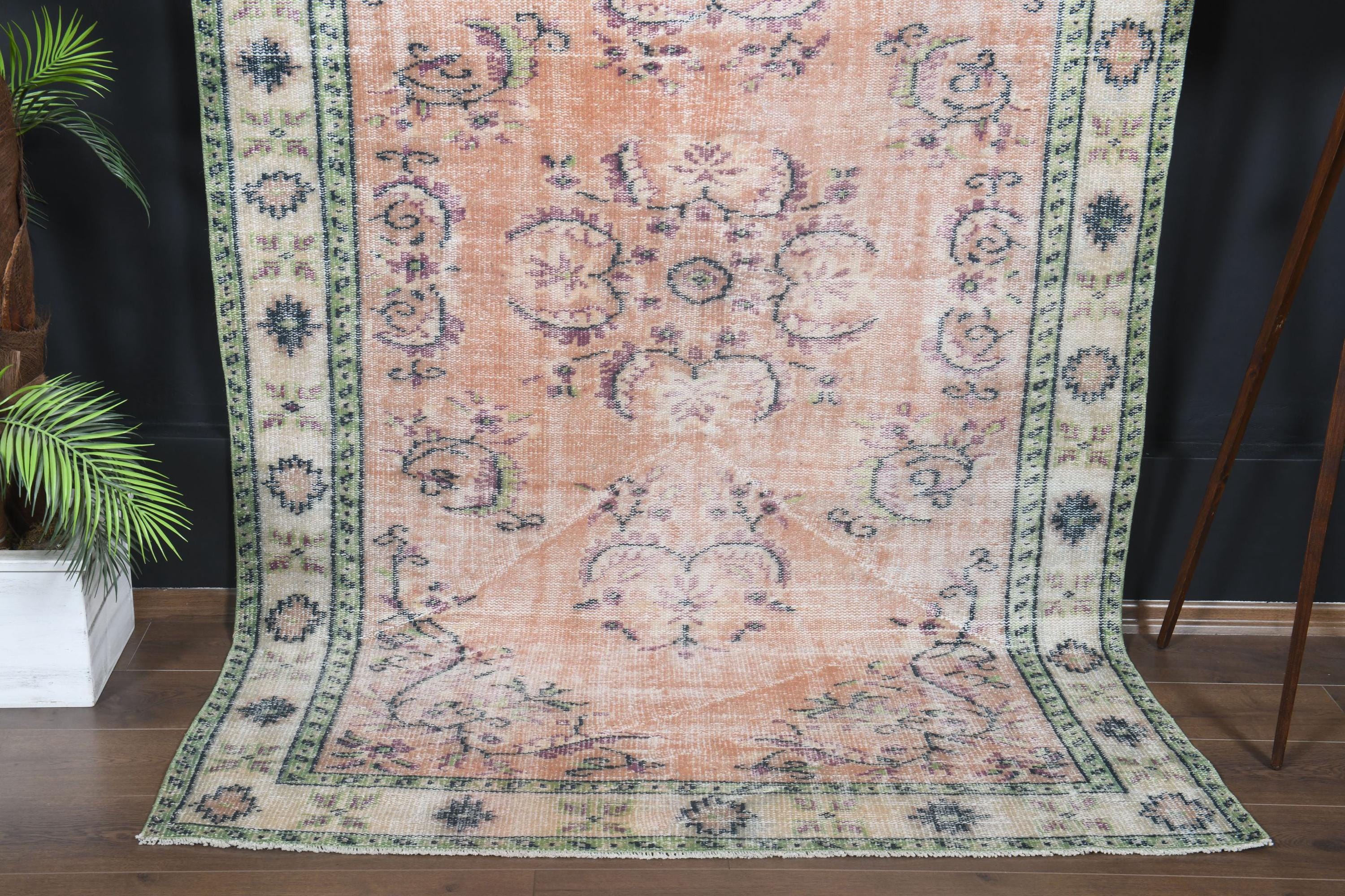 Vintage Turkish Area Rug: Peach & Green Living Room Rug, 5.2x8.3