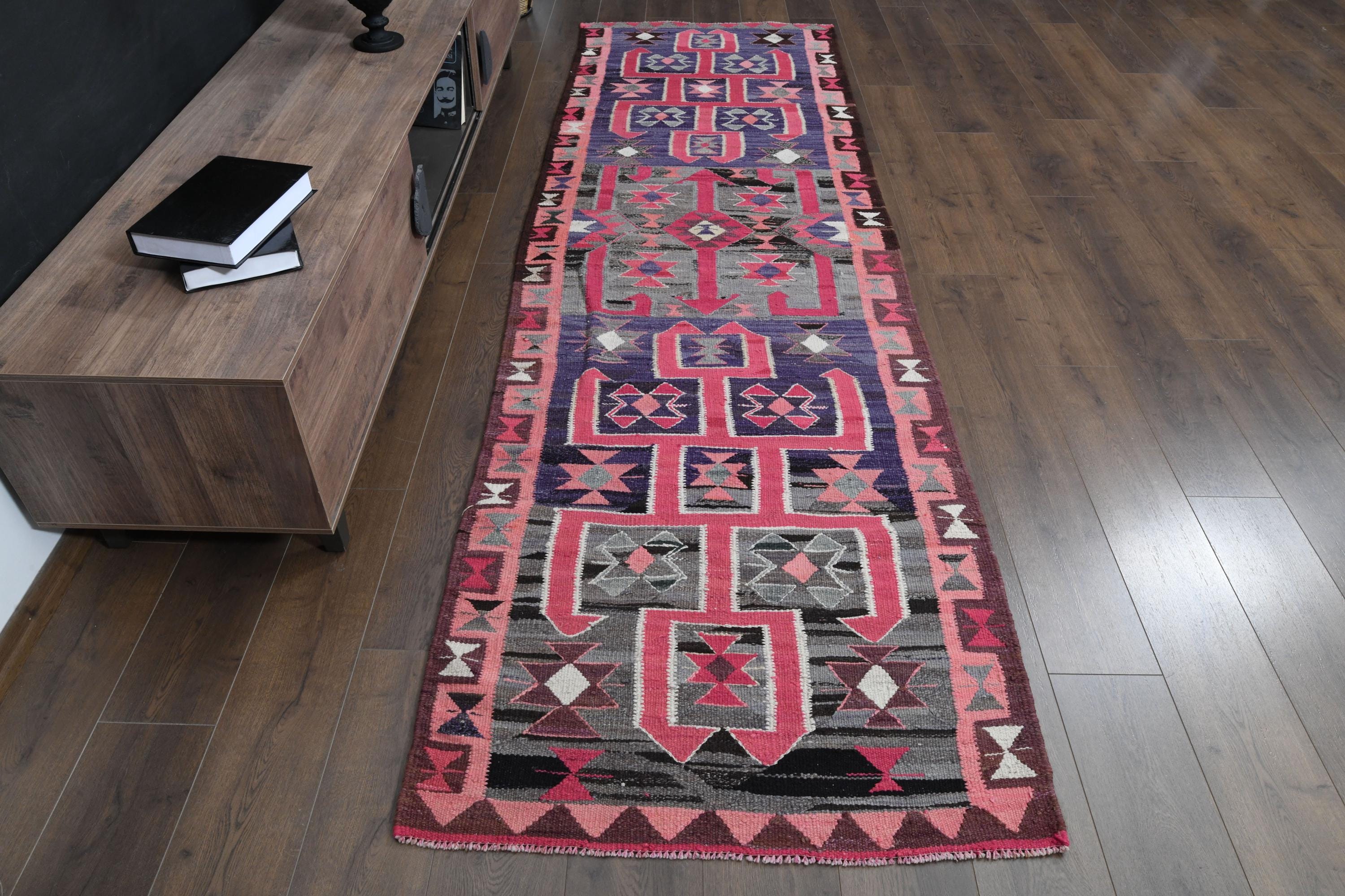 Vintage Herki Wool Runner Rug: Pink & Purple Tribal Hallway Rug (3'2x10'9 ft)