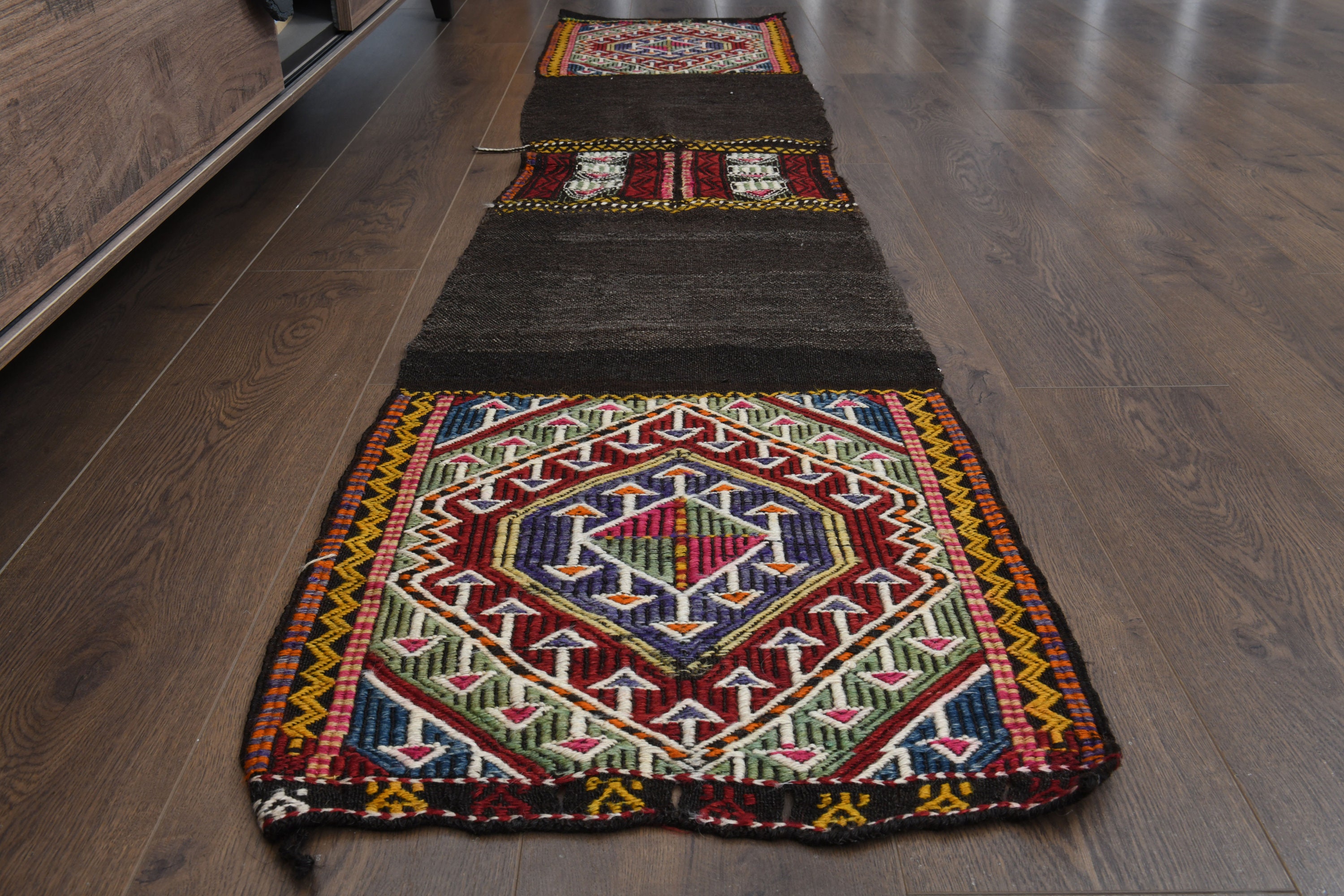 1.6x7.2 KILIM TURKISH RUNNER, Flatweave Rug, Brown Green