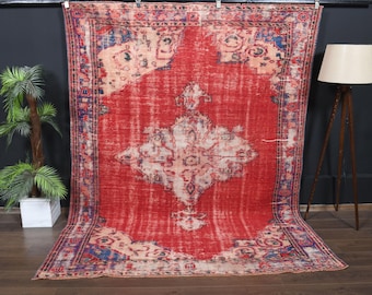 Vintage Turkish Rug, Living Room Rug, Medallion Anatolian Rug, Vivid Colors Rug, 7.2x9 ft, Muted Red Rug