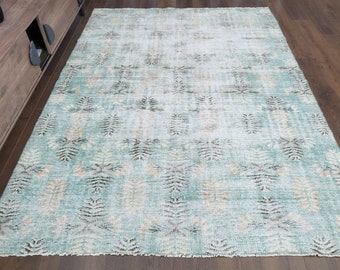 Handmade Turkish Oushak Rug 6x8: Green Vintage Carpet