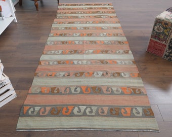 Vintage Turkish Kilim Runner Rug: Handmade Faded Green & Orange (4'2x10'6 ft)