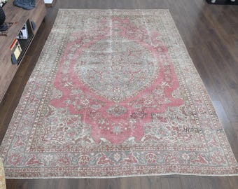 High-Quality Tribal Turkish Rug 8x11.6 ft, Pink Beige Brown Vintage Wool Oushak Rug