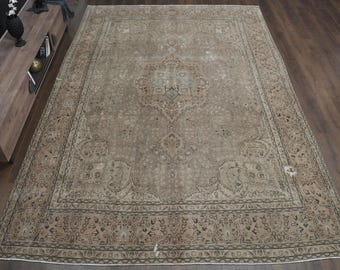 9&#39;6x12&#39;9 ft, SWEET DREAMS, Decor, Vintage Turkish Rug, Tan Beige Turkish Rug, Hand-knotted Rug, Antique Decor, Oushak Rug, Decor Area Rug