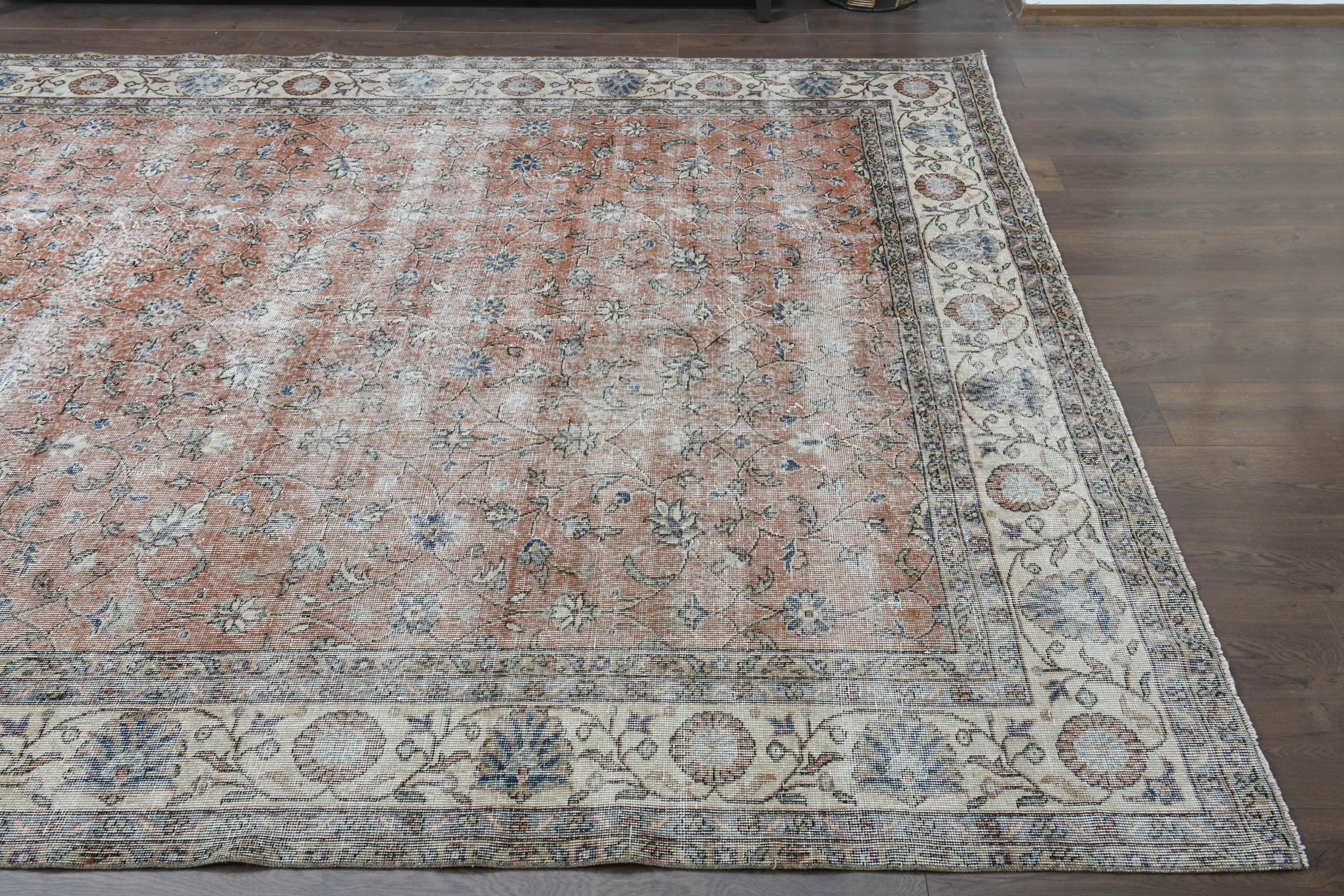 Orange Floral Turkish Rug: Vintage Hand-knotted Area Rug (8'4x11'7
