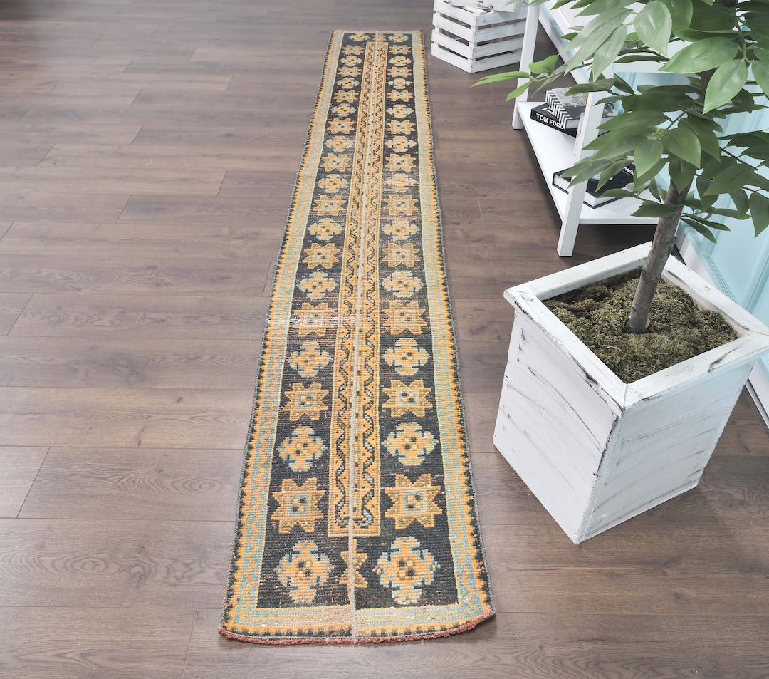 ヴィンテージ トルコ製ランナーラグ：オレンジのパッチワーク、幾何学