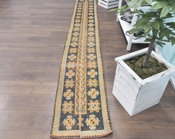 ヴィンテージ トルコ製ランナーラグ：オレンジのパッチワーク、幾何学