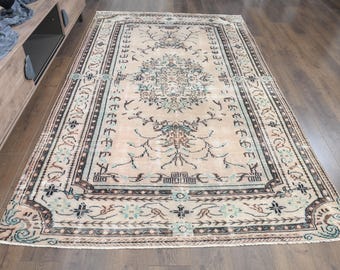 Peach Beige Vintage Rug 6x10, Teal Brown Accent Turkish Oushak, Faded Medallion Area Rug, 5'7" x 9'5"