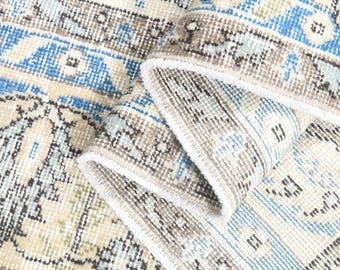Vintage Turkish Oushak Rug: Hand-Knotted Wool, Beige & Blue (7'1x10'2 ft)