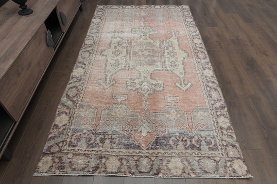 色あせたピンクパープルのヴィンテージトルコランナーラグ 4.6x8.4