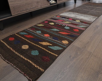 Handmade Turkish Kilim Runner Rug: Brown & Beige, 2'2x9'5 ft