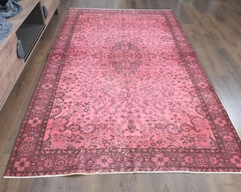 Pink Vintage Turkish Rug 5x9, Overdyed Medallion Area Rug, Hot Pink Living Room Rug, Boho Bedroom Rug, 5'4" x 9'1"