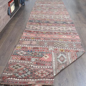 SPRING DECOR, Vintage Turkish Pink Kilim Runner Rug, Handwoven 3.2x13.7 ft Wool Hallway Runner, Tribal Geometric Kilim, Entryway Rug