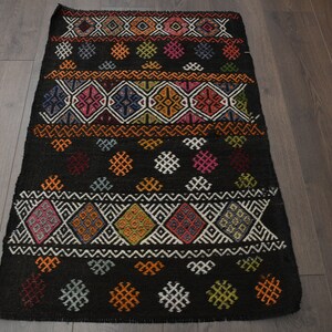 2&#39;8x3&#39;2&quot; ft, NARROW DESIGN, Turkish Kilim Rug, Vintage Rug, Brown Rainbow Rug, Washable Rug, Decor Rug, Kitchen Rug, Tribal Rug, Shabby Rug