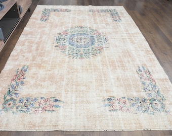 Peach Cream Vintage Rug 7x10, Floral Corner Medallion Turkish Rug, Light Neutral Area Rug, 6'8" x 9'9"